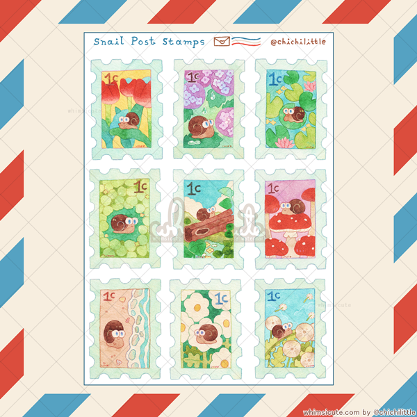 Watercolor Postal Stamps Sticker Sheet