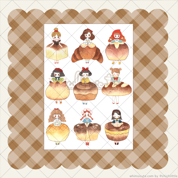 Watercolor Bread Girls Sticker Sheet