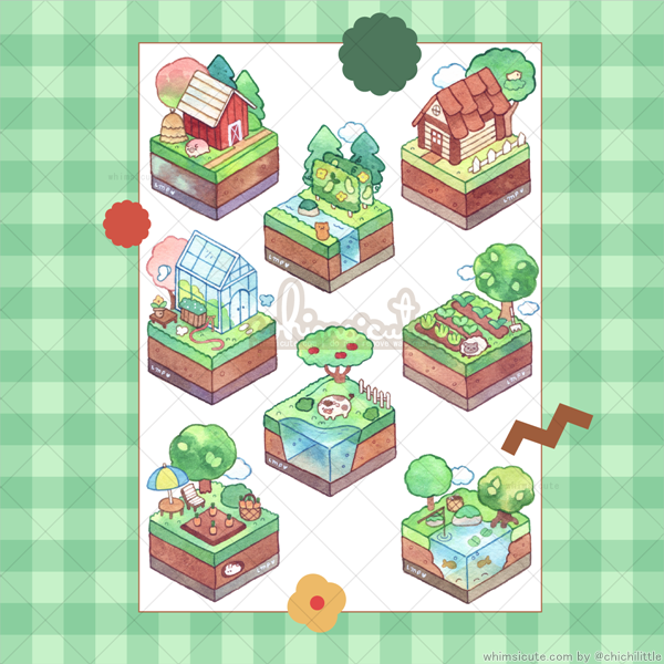 Isometric Farm (Watercolor) Sticker Sheet