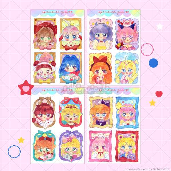 SET of Watercolor Magical Girls Sticker Sheets