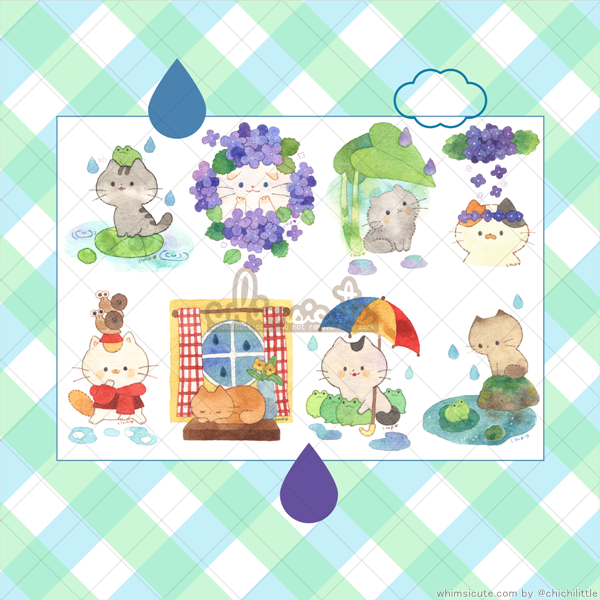 Watercolor Rain Cats Sticker Sheet