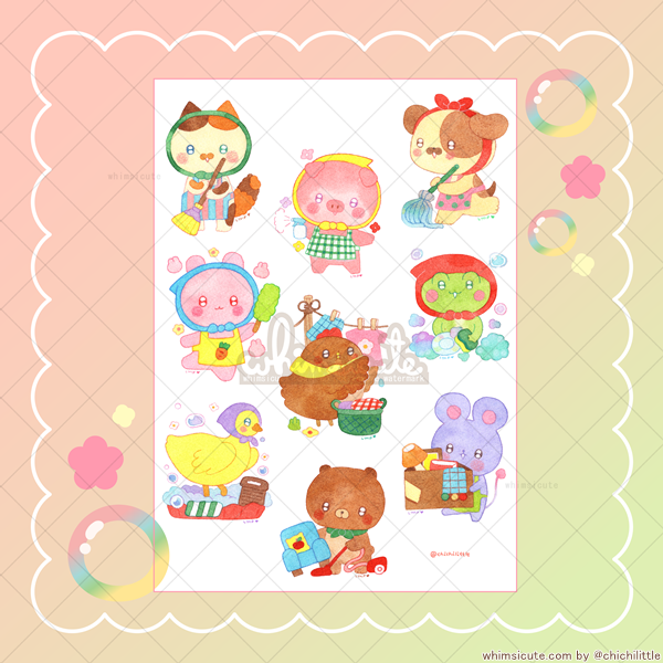 Watercolor Spring Cleaning Animals Sticker Sheet