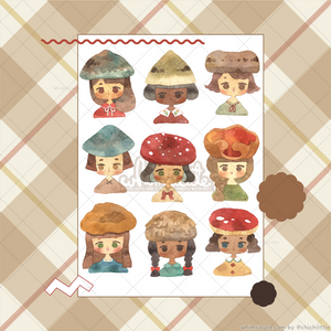 Watercolor Mushroom Girls Sticker Sheet