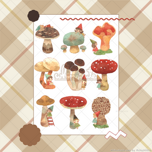 Watercolor Mushrooms and Little People Sticker Sheet
