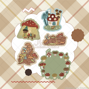 SET of Mushroom-themed Sticker Flakes (4 stickers + 1 sticker noter)