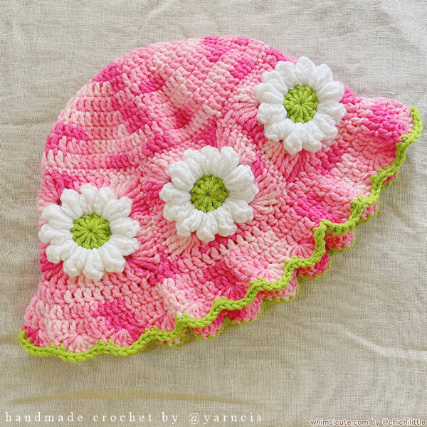 Crocheted Bucket Hat - Strawberry Blossom with Trim ♥